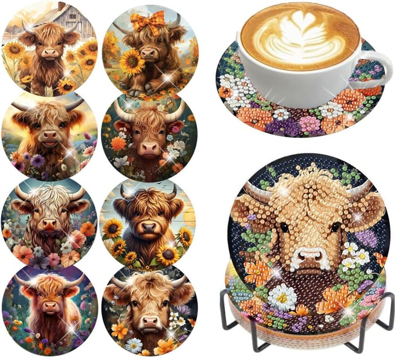 8 Pcs Diamond Art Painting Coasters Diamond Art Coasters with Holder, DIY Cow Coaster Diamond Painting Kits for Adults Beginners, Diamond Art Kits for Adults Arts and Crafts Supplies